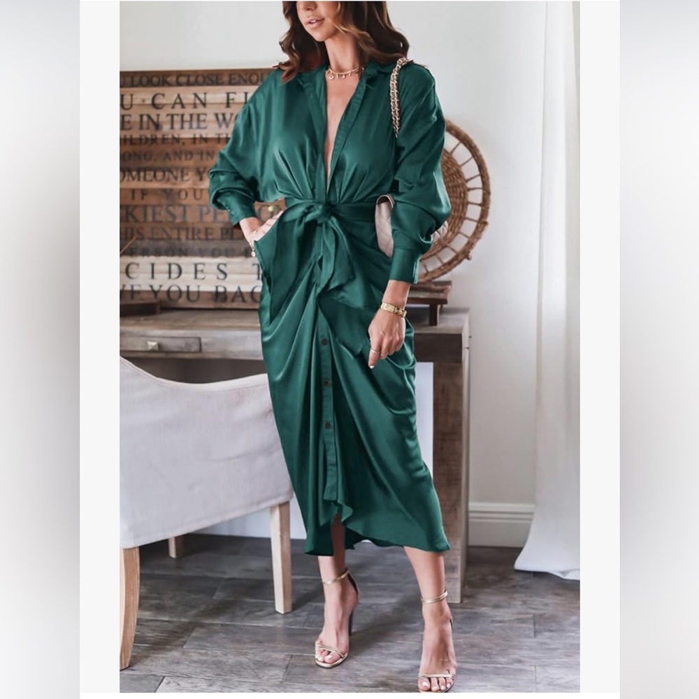 BTFBM Long Sleeve V Neck Button Down Belted Ruched Satin Silk Shirt Spring Dress